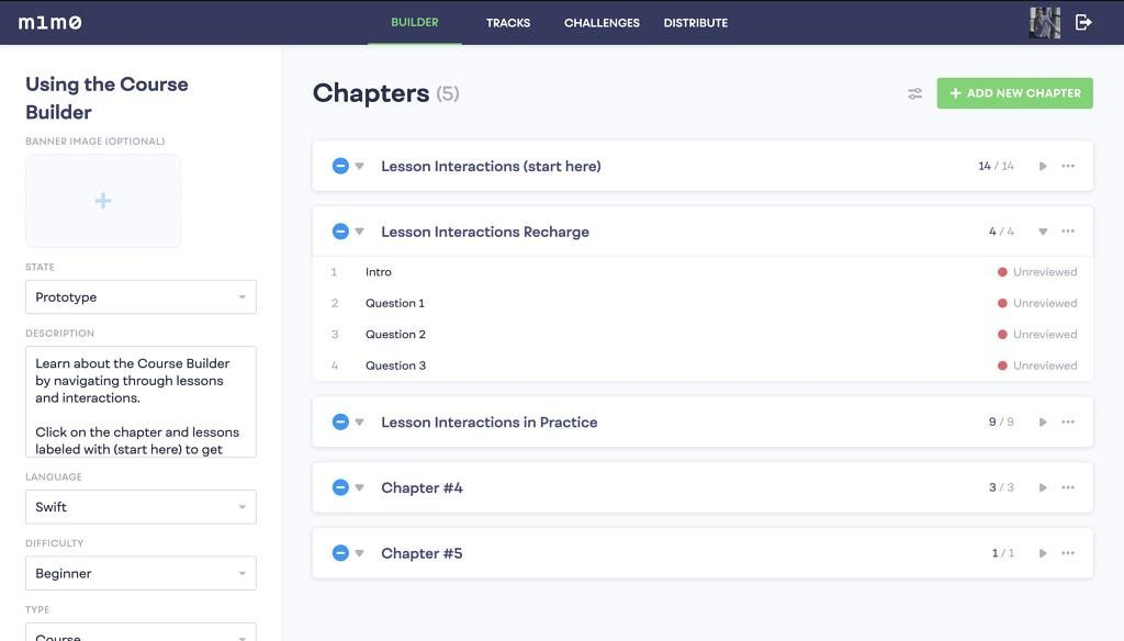 A screenshot of Mimo's Learning Management System which has exanding/collapsing sections for managing courses.