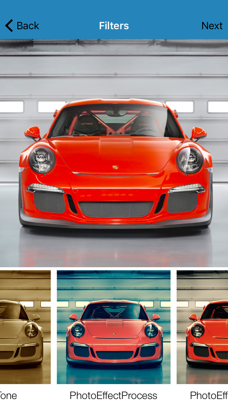A screenshot of Fraze Frame's photo editor. It contains a photo of a Porsche Carrera GT3 along with images of what it would look like with different filters applied to it.