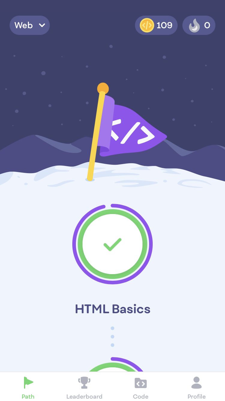 A screenshot of the path overview for Mimo's Learn to Code Path.