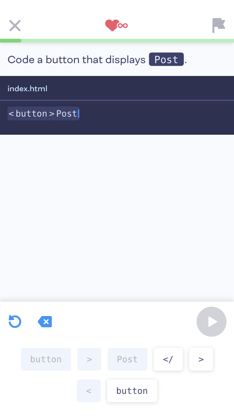 A screenshot of an interactive lesson from Mimo's Learn to Code Path. The lesson contains code snippets you can tap to fill in a gap.