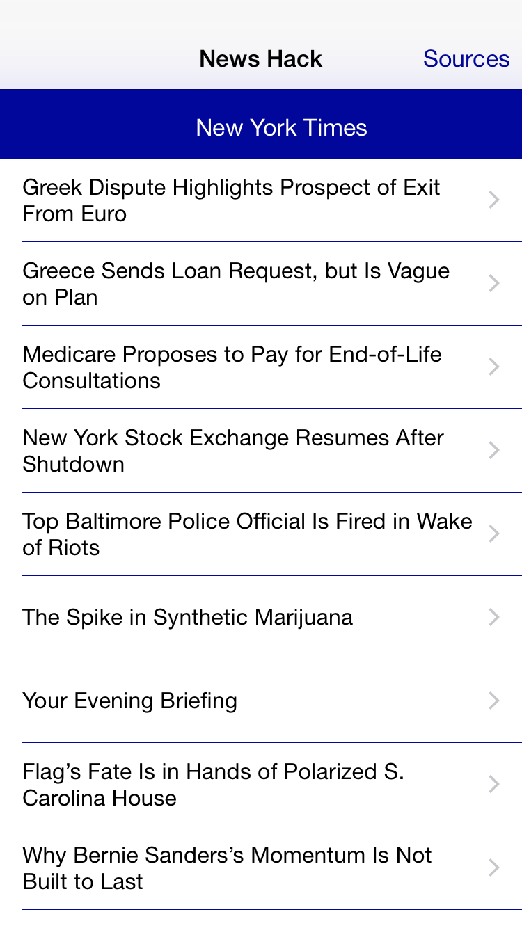A screenshot of News Hack containing a list of articles from The New York Times.