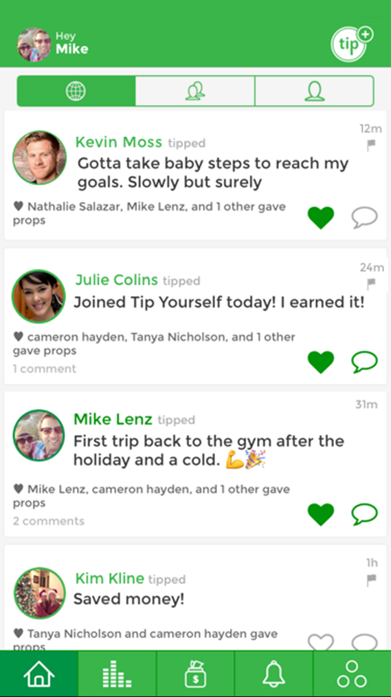 A screenshot of Tip Yourself's home feed. It contains blurbs of reasons why people tipped themselves and buttons to like/comment on posts.