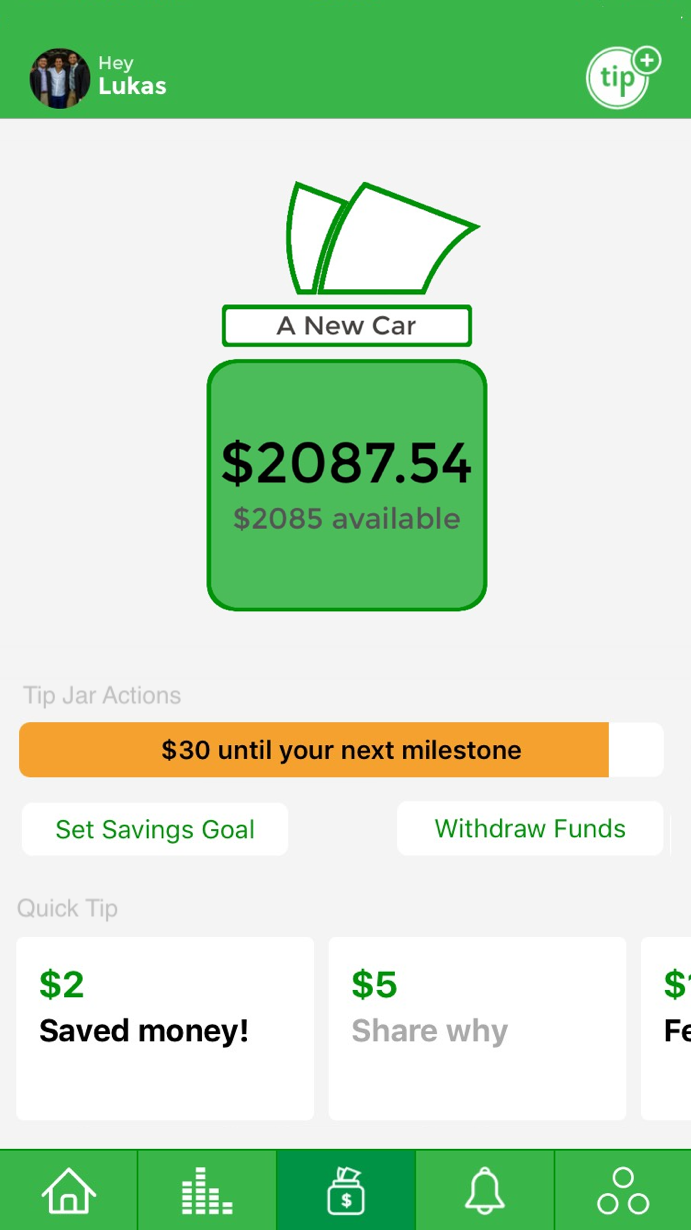 A screenshot of a virtual tip jar from Tip Yourself. It contains a progress bar showing the progress made towards a savings goal along with a giant tip jar containing the amount saved.