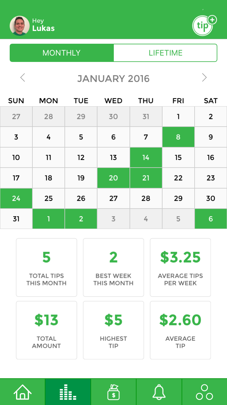 A screenshot of tip statistics. A calendar shows the days you tipped and different stats show total amount, average tipped, etc. for a month.